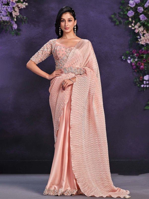 Light Peach Crepe Satin Silk Ready To Wear Saree